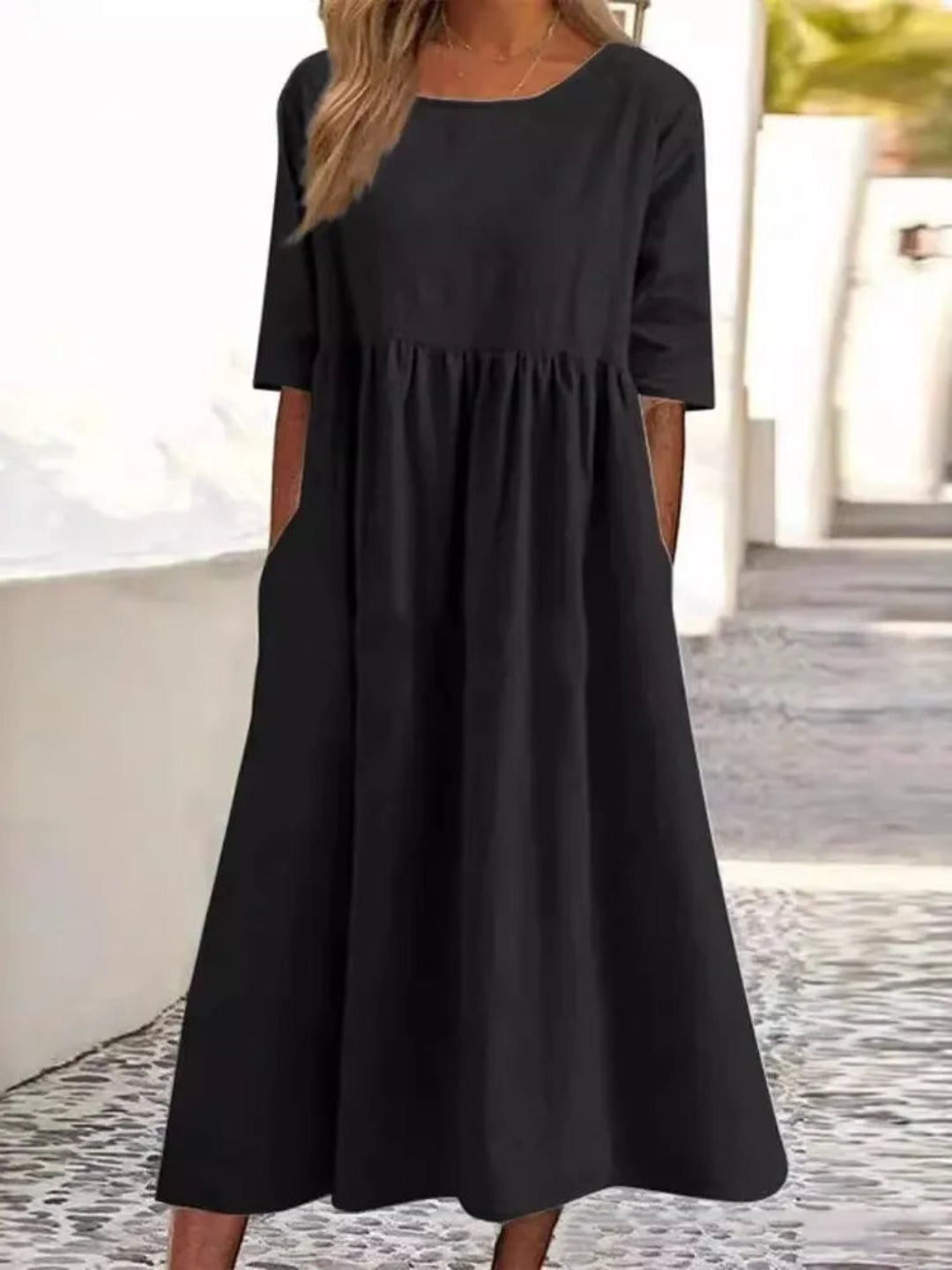 Norie Maxi Dress with Short Sleeves, Side Slits and Level Hem - Black
