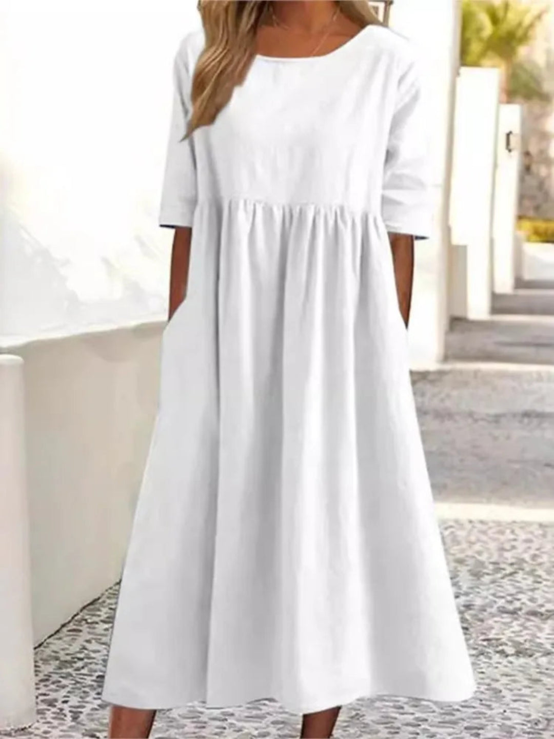 Norie Maxi Dress with Short Sleeves, Side Slits and Level Hem - White