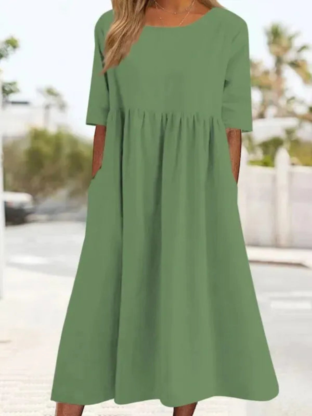 Norie Maxi Dress with Short Sleeves, Side Slits and Level Hem - Green