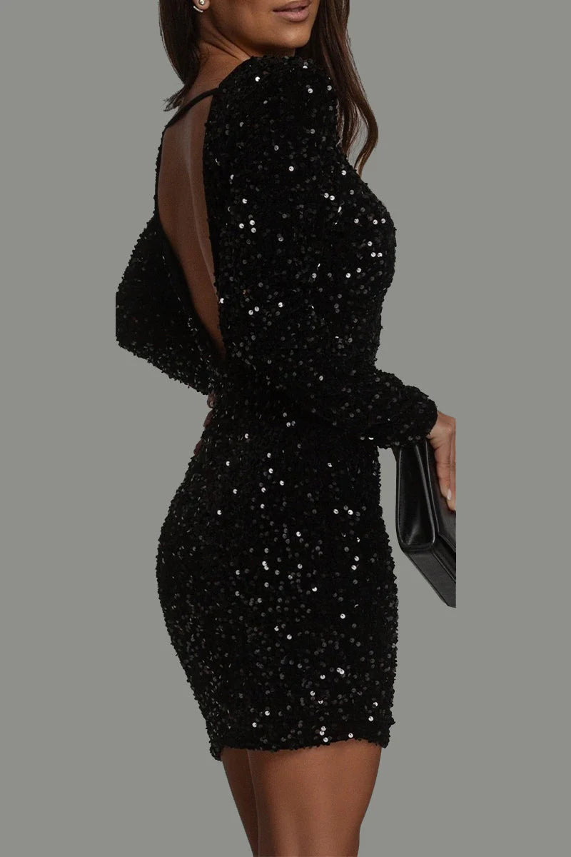 Ollie Sequin Mini Dress with Open Back and High Neckline - Black