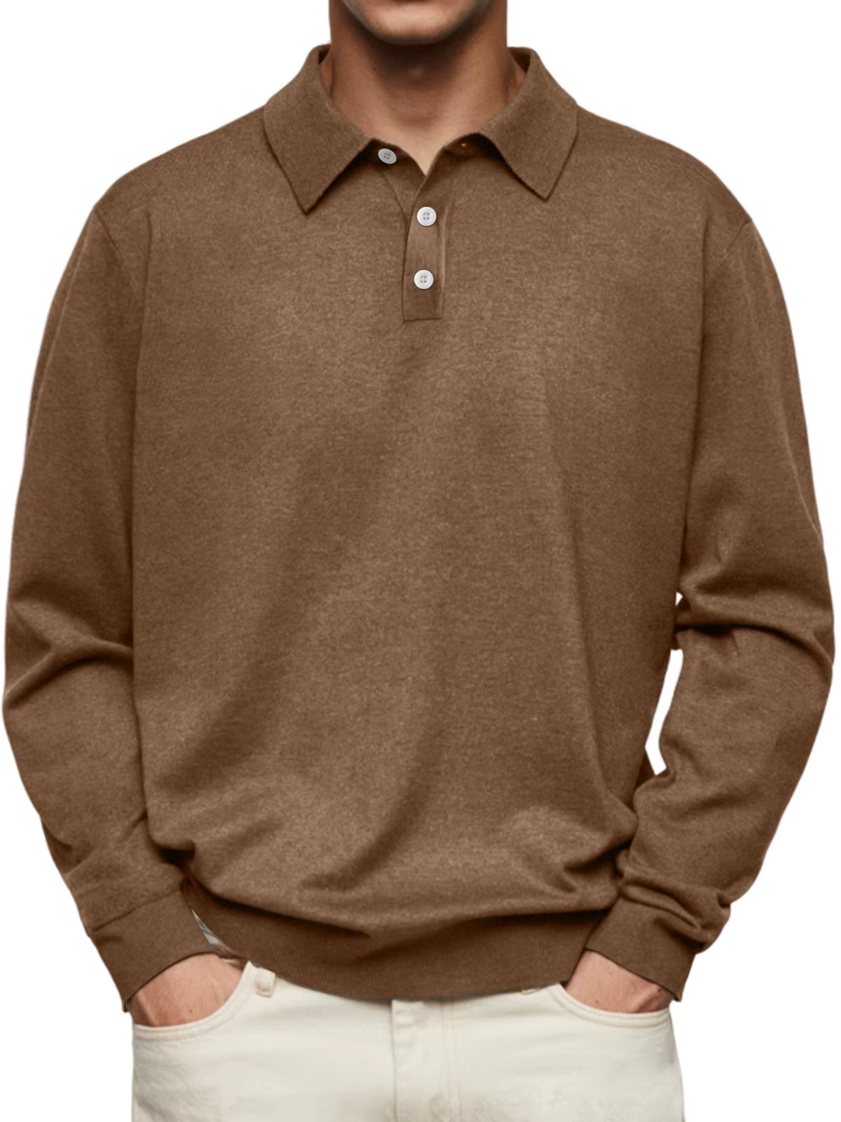 Orion Men's Long Sleeve Polo Shirt with Square Hem - Brown