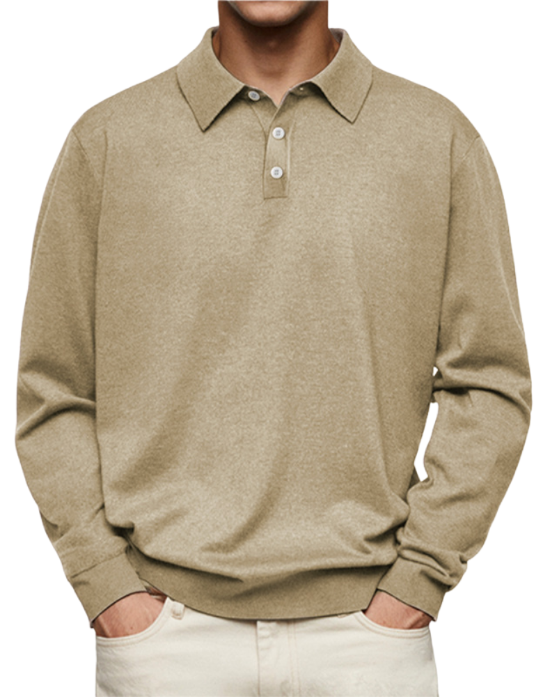Orion Men's Long Sleeve Polo Shirt with Square Hem - Khaki