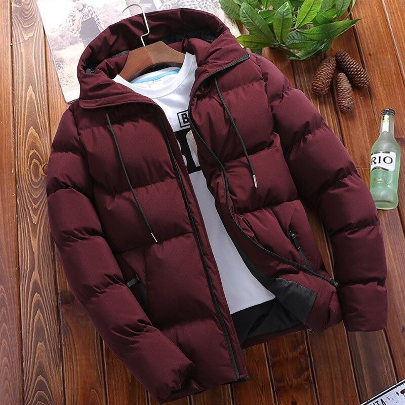 Ottmar Men's Puffer Jacket with Fixed Hood and Full Zip - Wine Red