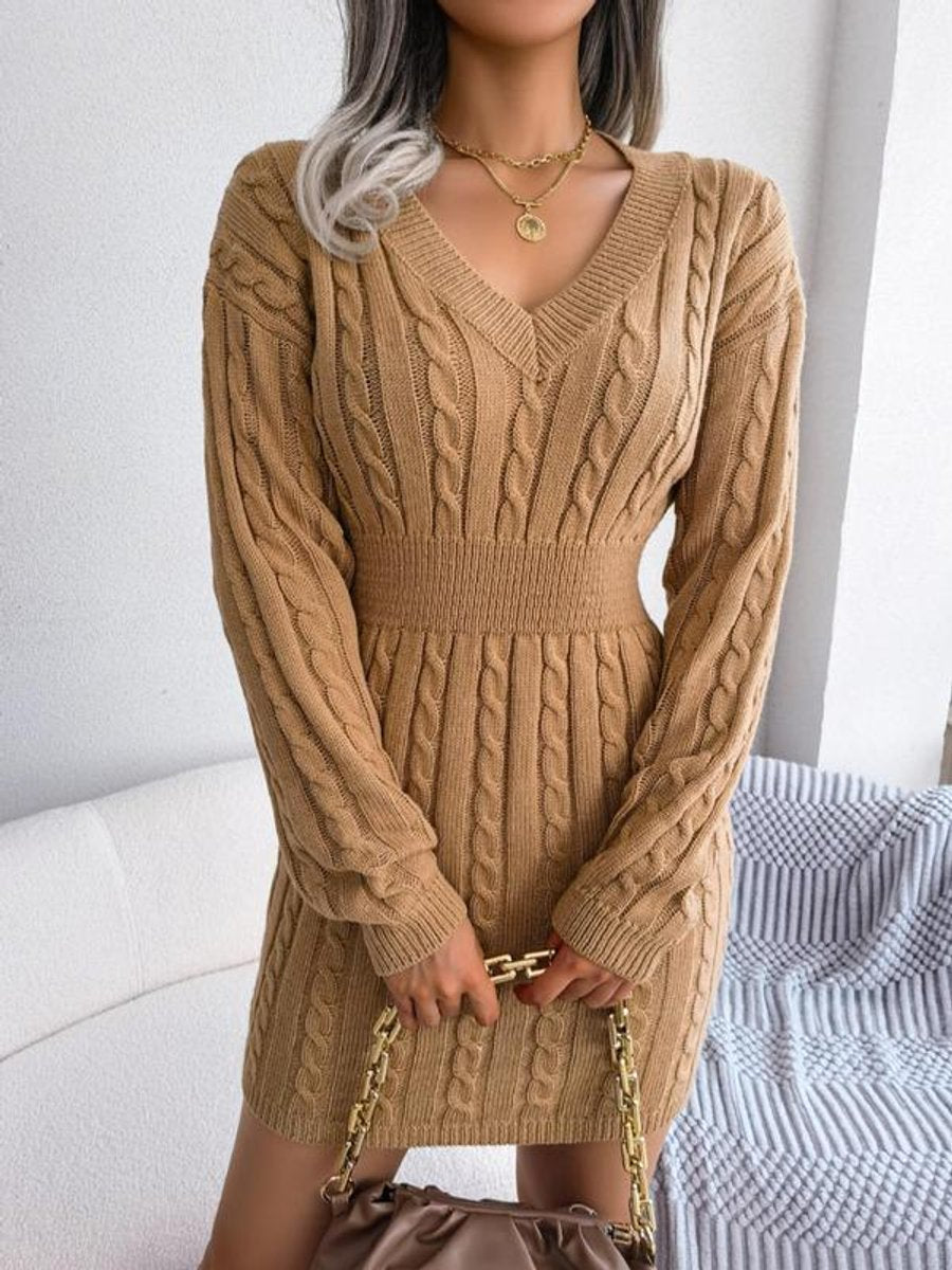 Paula Cable Knit Dress with V-Neck and Ribbed Cuffs - Khaki