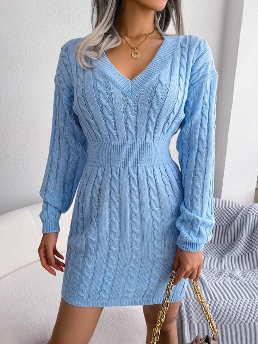 Paula Cable Knit Dress with V-Neck and Ribbed Cuffs - Blue