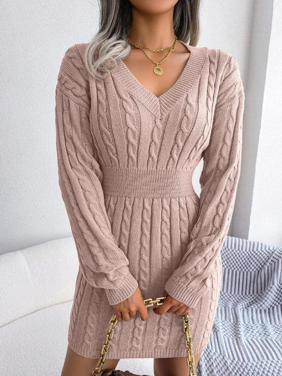 Paula Cable Knit Dress with V-Neck and Ribbed Cuffs - Pink