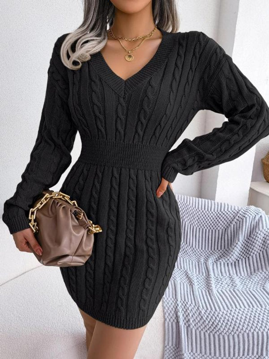 Paula Cable Knit Dress with V-Neck and Ribbed Cuffs - Black