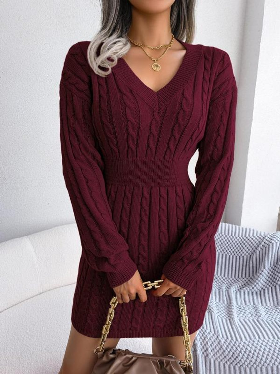 Paula Cable Knit Dress with V-Neck and Ribbed Cuffs - Burgundy