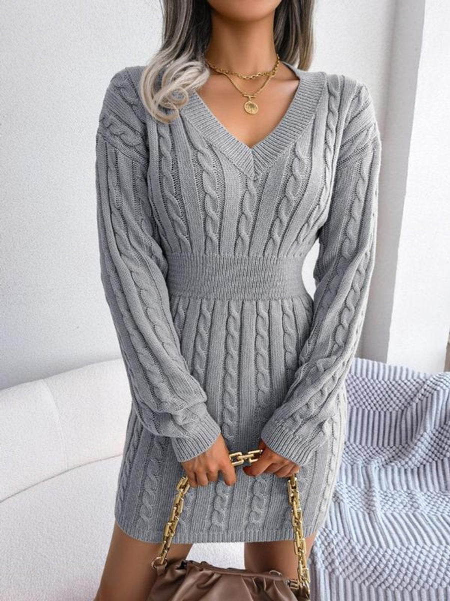Paula Cable Knit Dress with V-Neck and Ribbed Cuffs - Gray