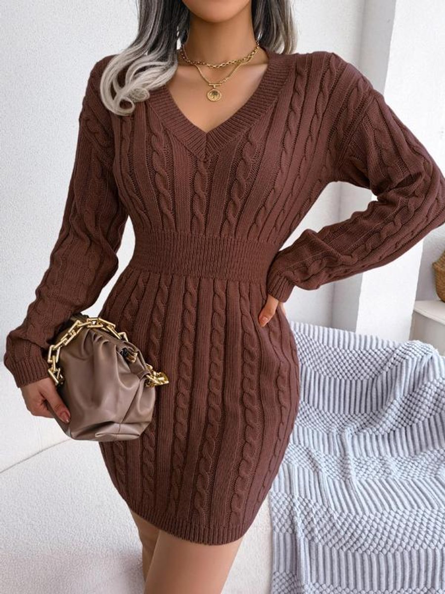 Paula Cable Knit Dress with V-Neck and Ribbed Cuffs - Coffee Brown