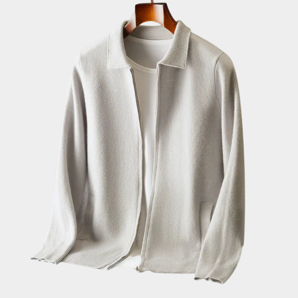Rafelio Men's Zip Cardigan with Stand Collar and Ribbed Trim - Ivory