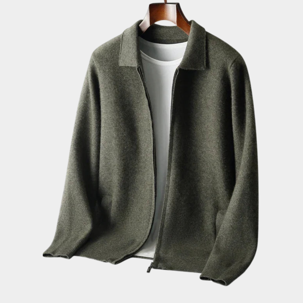 Rafelio Men's Zip Cardigan with Stand Collar and Ribbed Trim - Olive Green