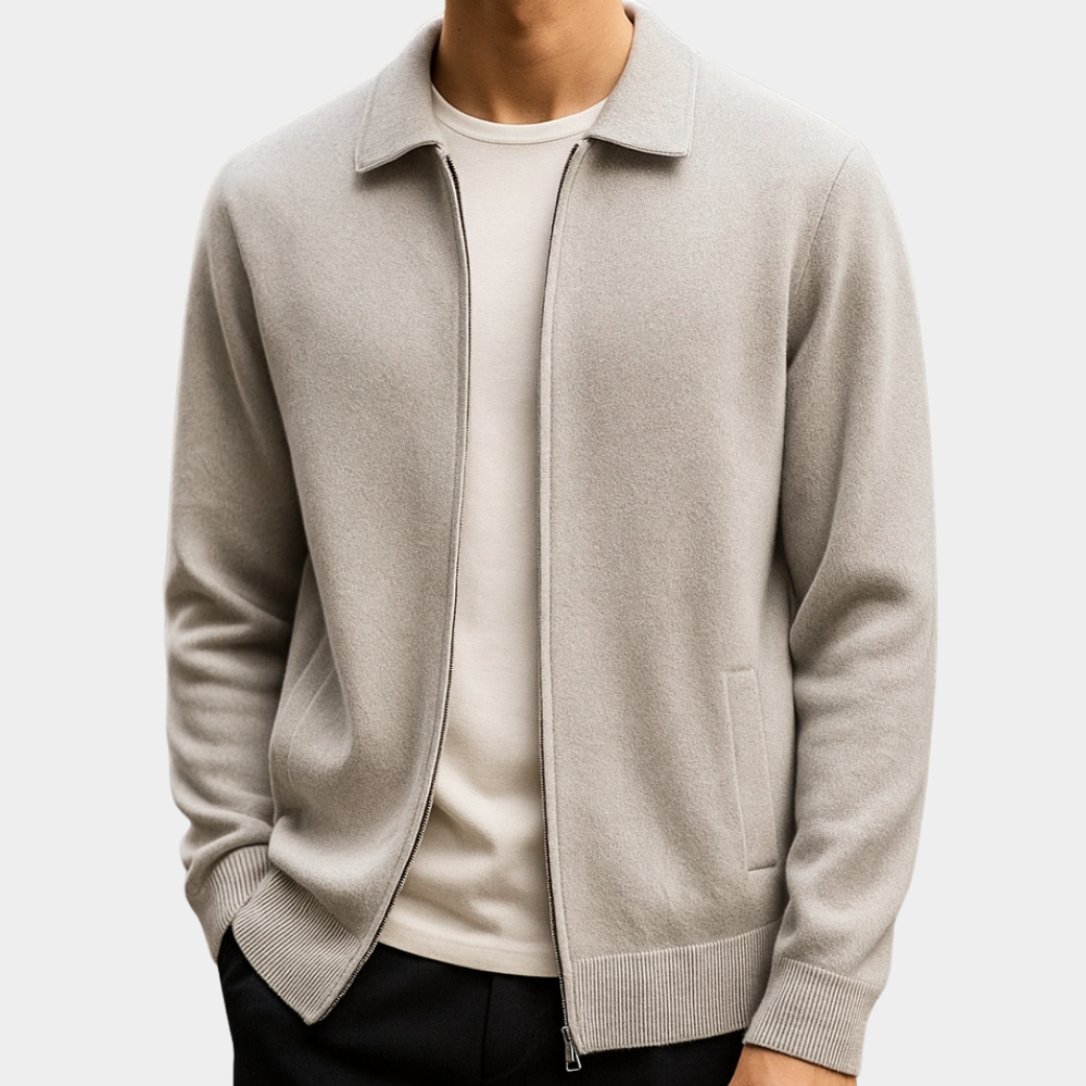 Rafelio Men's Zip Cardigan with Stand Collar and Ribbed Trim - Ivory