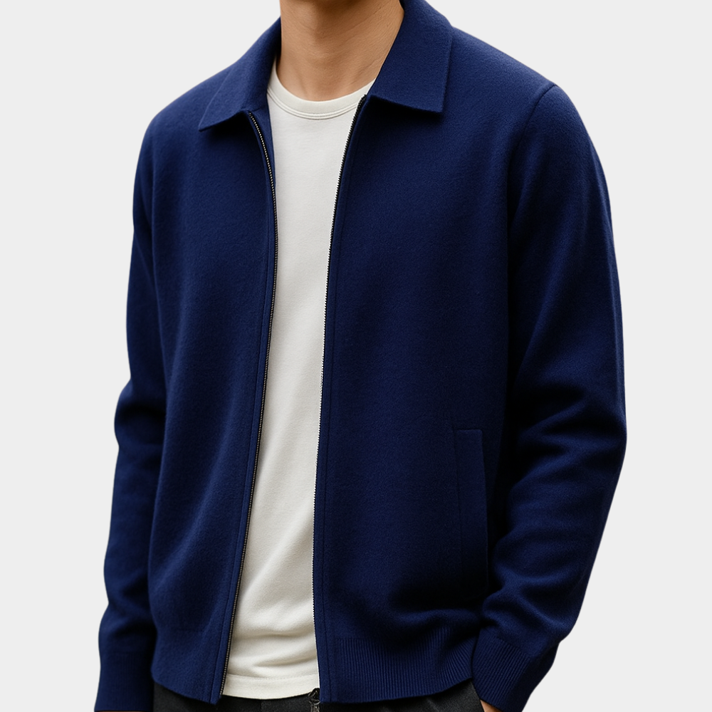 Rafelio Men's Zip Cardigan with Stand Collar and Ribbed Trim - Royal Navy
