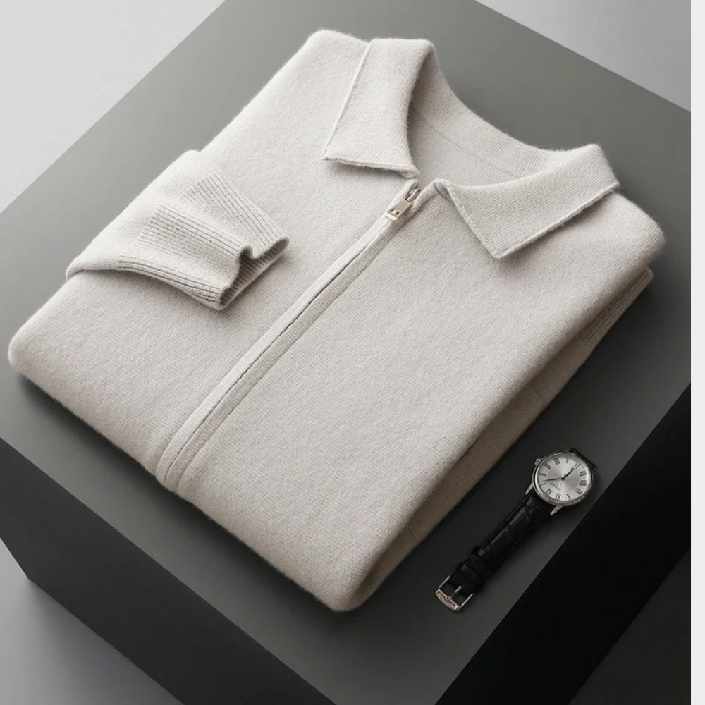 Rafelio Men's Zip Cardigan with Stand Collar and Ribbed Trim - Ivory