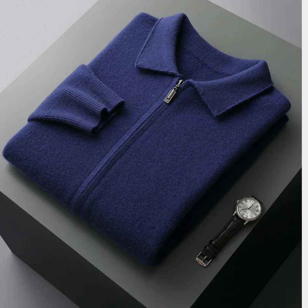 Rafelio Men's Zip Cardigan with Stand Collar and Ribbed Trim - Royal Navy