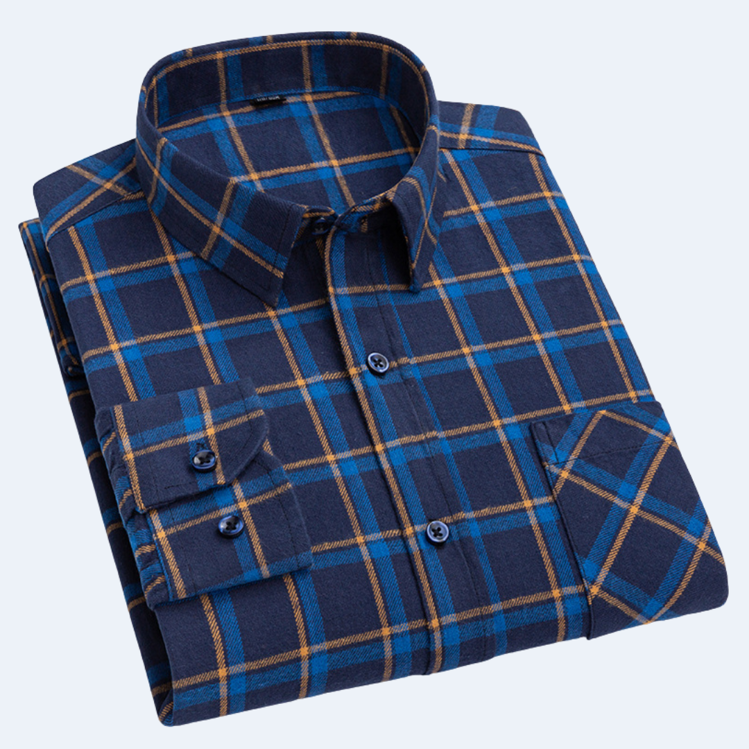 Raiver Men's Plaid Flannel Shirt with Chest Pocket - Dark Blue