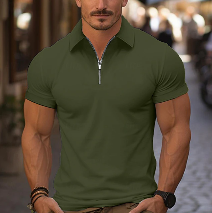 Rammy Men's Quarter Zip Shirt with Collar and Short Sleeves - Dark Green