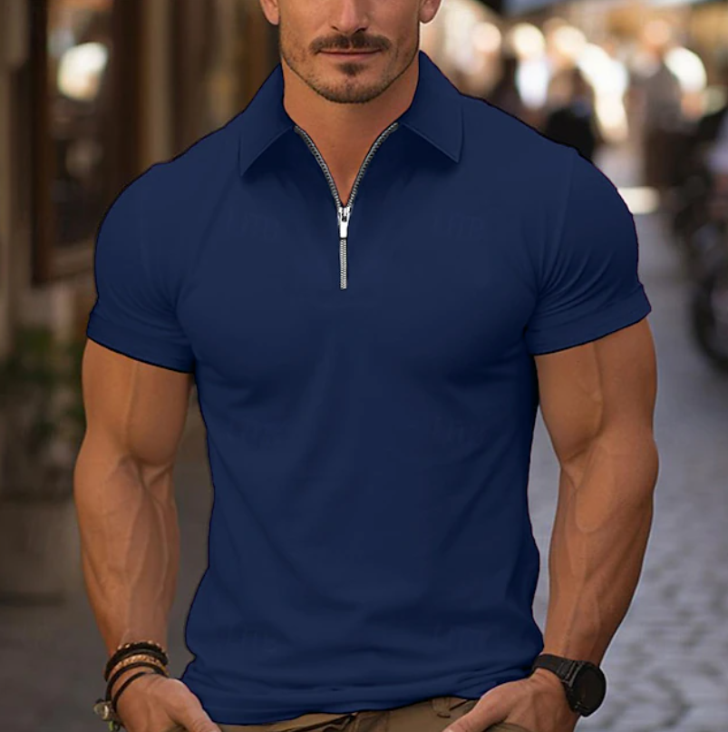 Rammy Men's Quarter Zip Shirt with Collar and Short Sleeves - Dark Blue