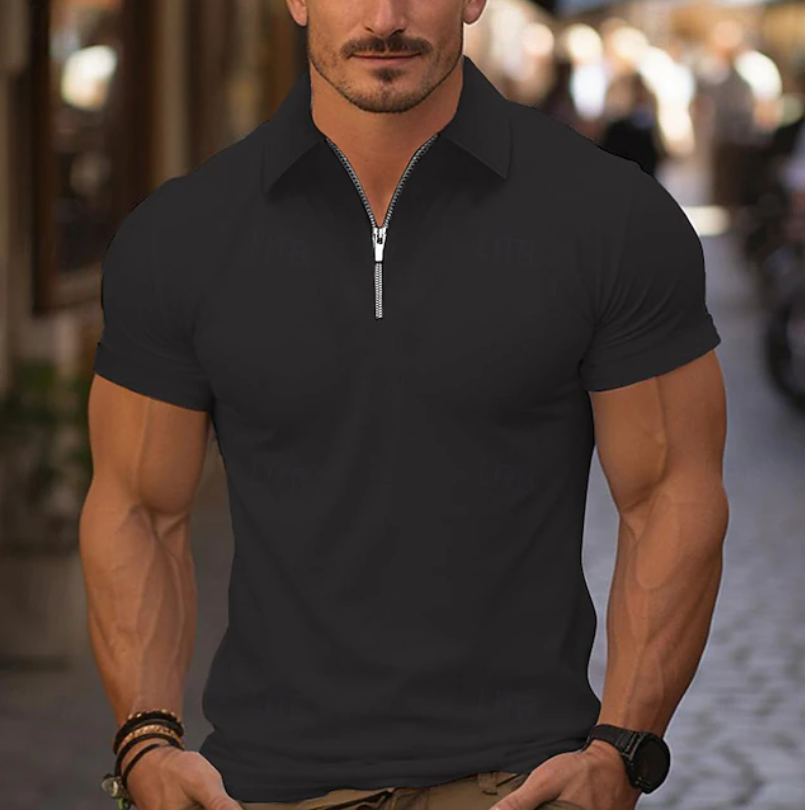 Rammy Men's Quarter Zip Shirt with Collar and Short Sleeves - Black