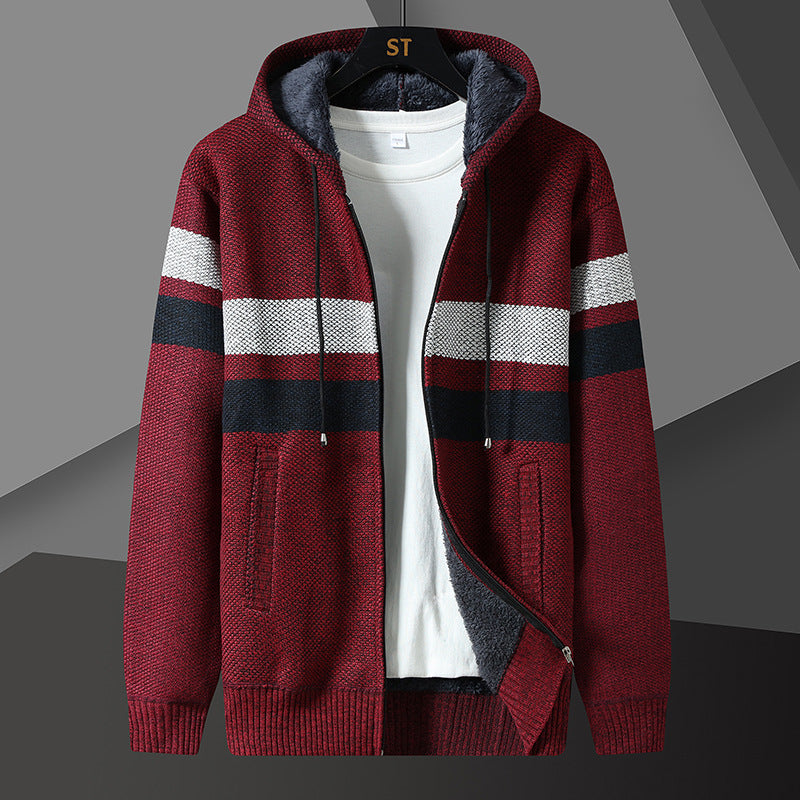 Reimund Men's Hooded Knit Jacket with Drawstring - Wine Red