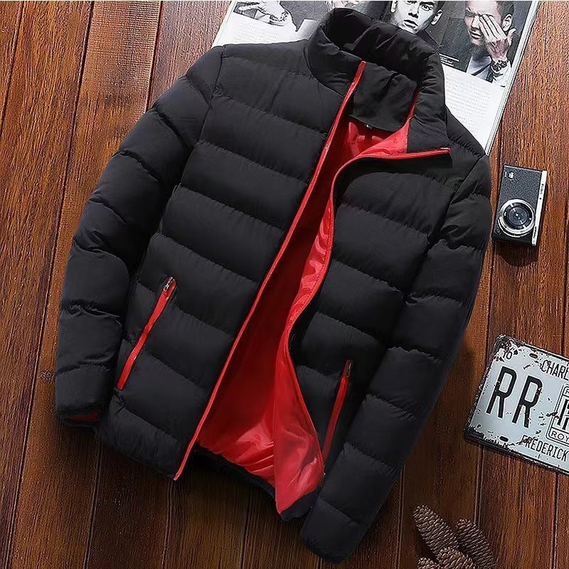 Reinhold Men's Contrast-Lined Puffer Jacket with Stand Collar - Black Red