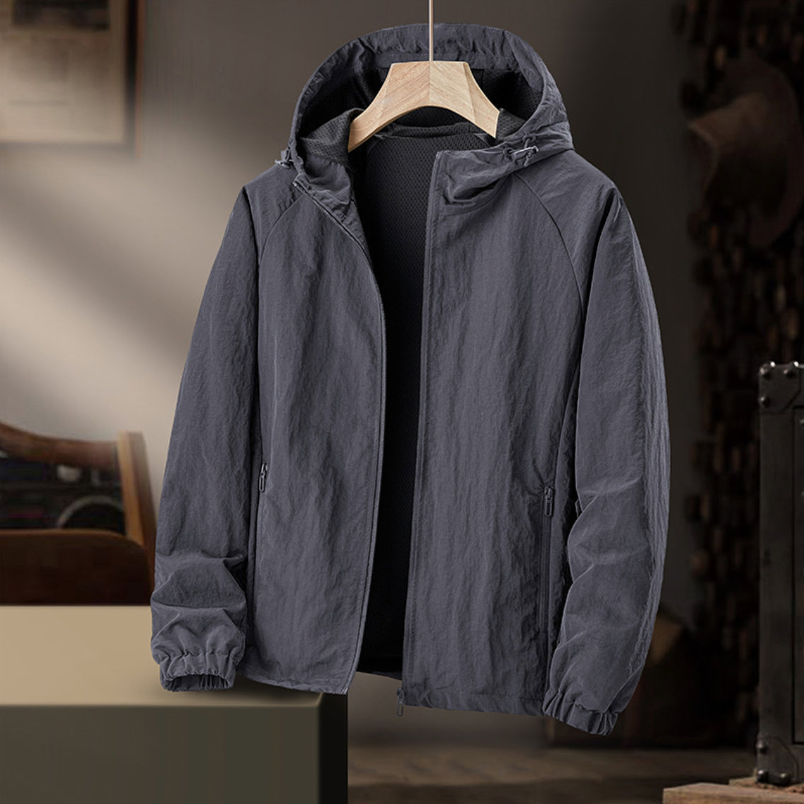 Rennie Men's Hooded Jacket with Drawcord Hem and Zip Pockets - Dark Gray