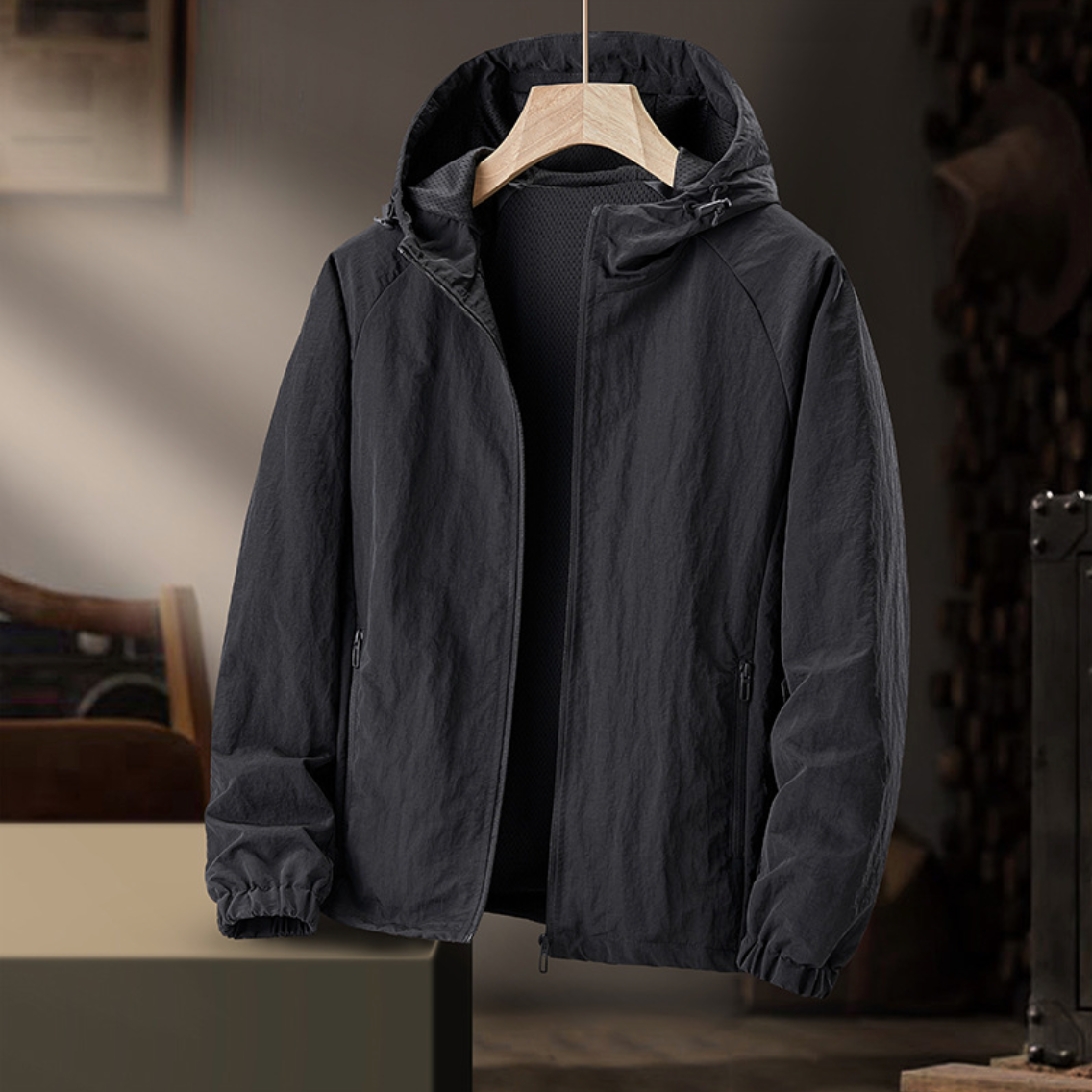 Rennie Men's Hooded Jacket with Drawcord Hem and Zip Pockets - Black