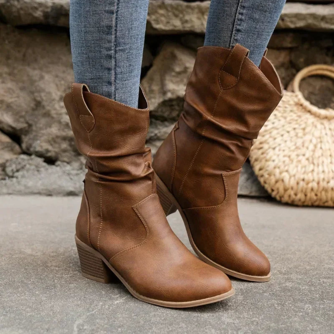 Romina Slouch Boots with Western Silhouette and Pull Tabs - Brown