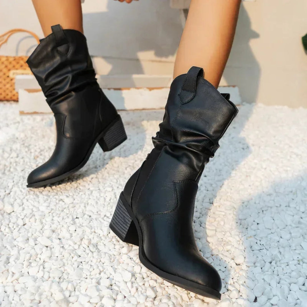 Romina Slouch Boots with Western Silhouette and Pull Tabs - Black