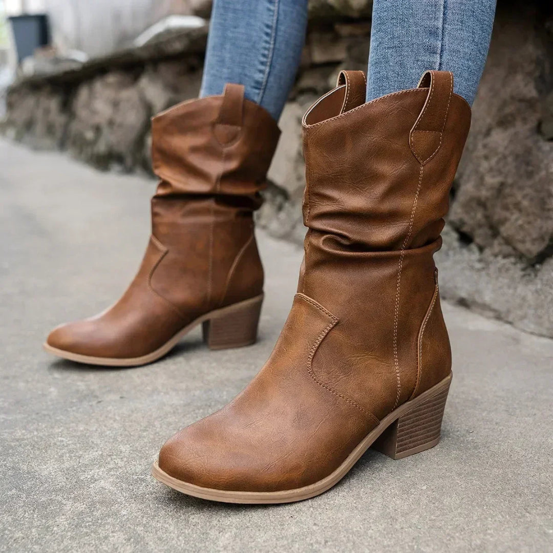Romina Slouch Boots with Western Silhouette and Pull Tabs - Brown
