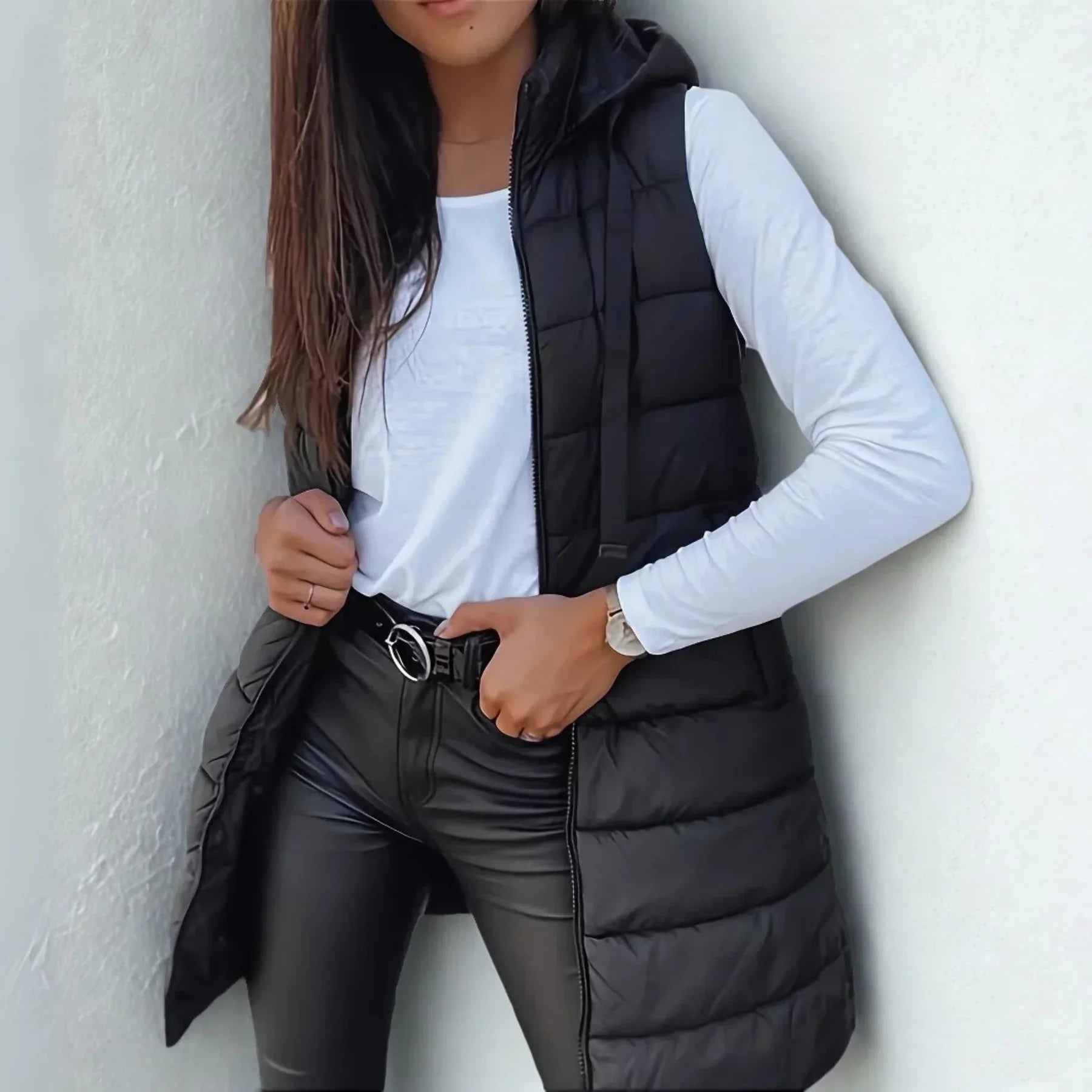 Romy Longline Puffer Vest with Hood and Snap-Free Zip Front - Black