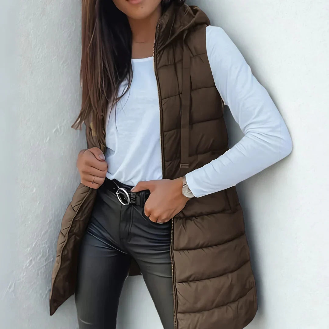 Romy Longline Puffer Vest with Hood and Snap-Free Zip Front - Chestnut Brown