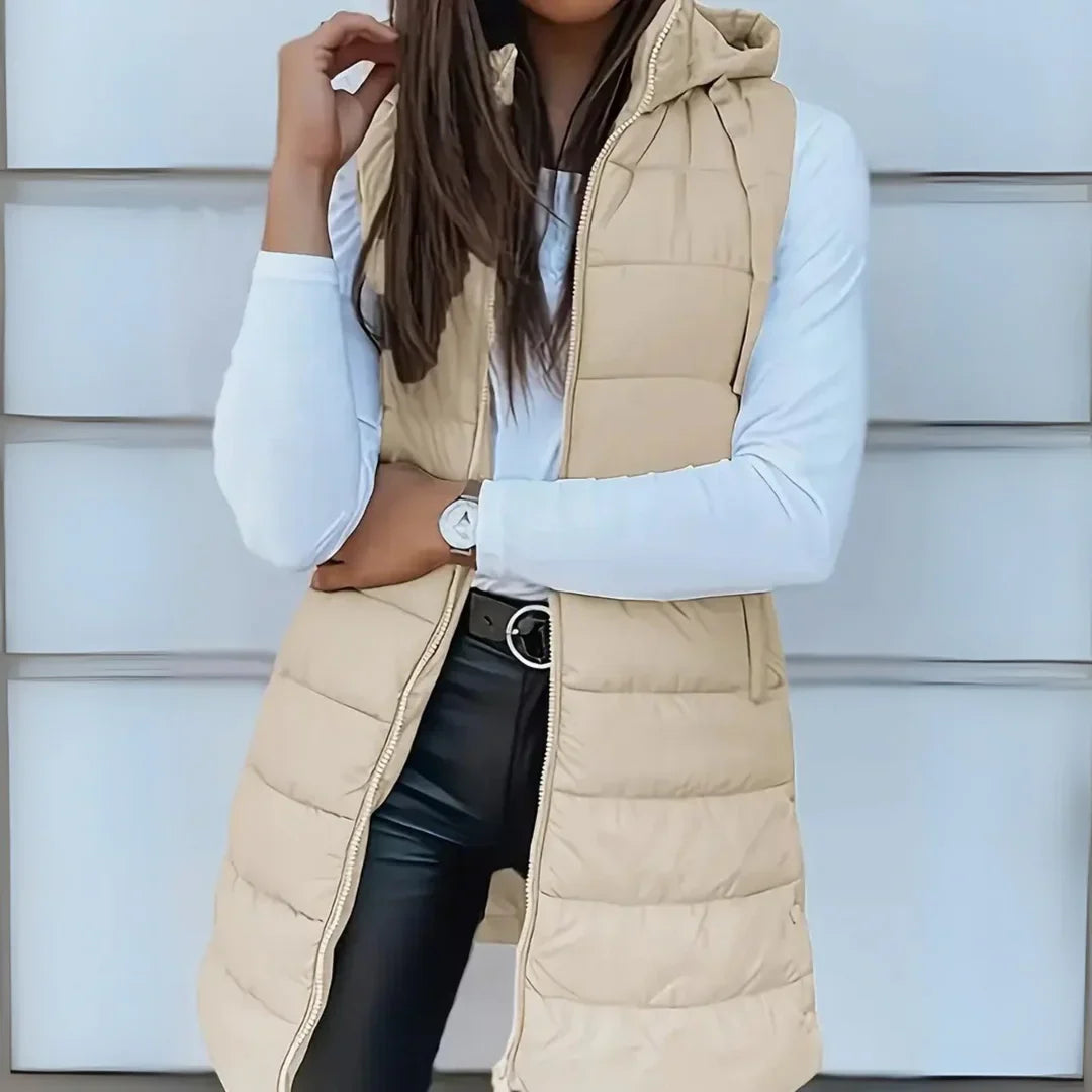 Romy Longline Puffer Vest with Hood and Snap-Free Zip Front - Beige