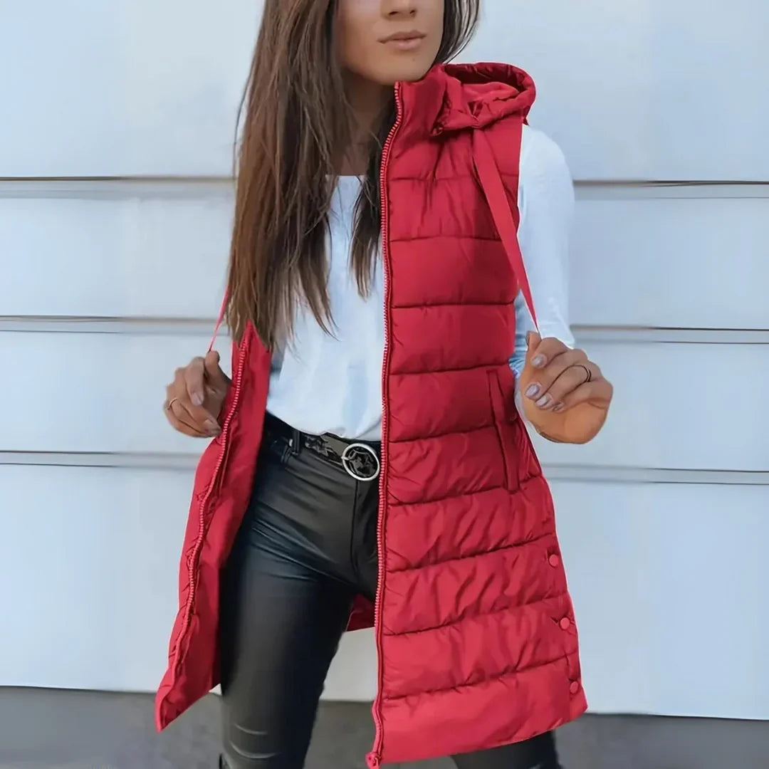 Romy Longline Puffer Vest with Hood and Snap-Free Zip Front - Red