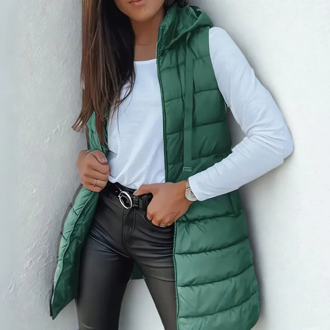 Romy Longline Puffer Vest with Hood and Snap-Free Zip Front - Green