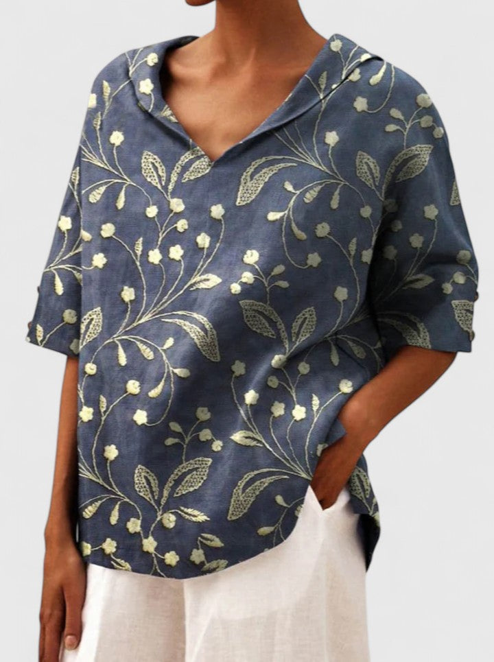 Roselyn Loose Floral Blouse with Short Sleeves and Level Hem - Dark Blue