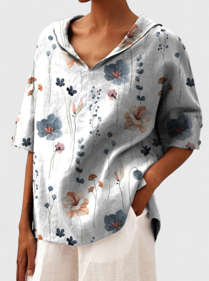 Roselyn Loose Floral Blouse with Short Sleeves and Level Hem - White