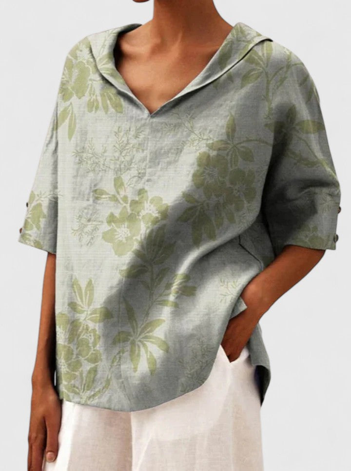 Roselyn Loose Floral Blouse with Short Sleeves and Level Hem - Green