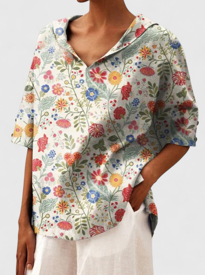 Roselyn Loose Floral Blouse with Short Sleeves and Level Hem - White