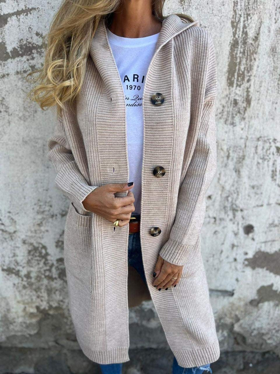 Ruby Longline Hooded Cardigan with Pockets and Open Front - Beige