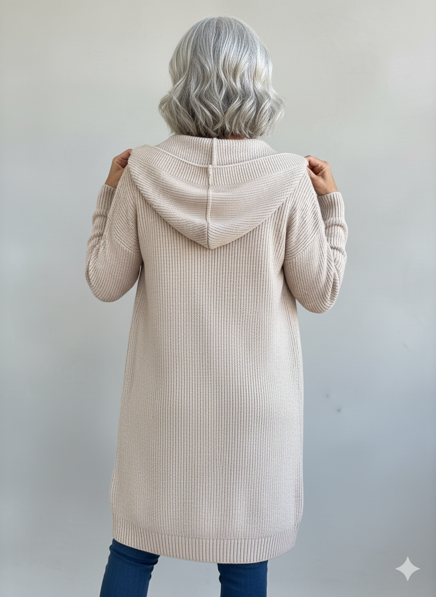 Ruby Longline Hooded Cardigan with Pockets and Open Front - Beige