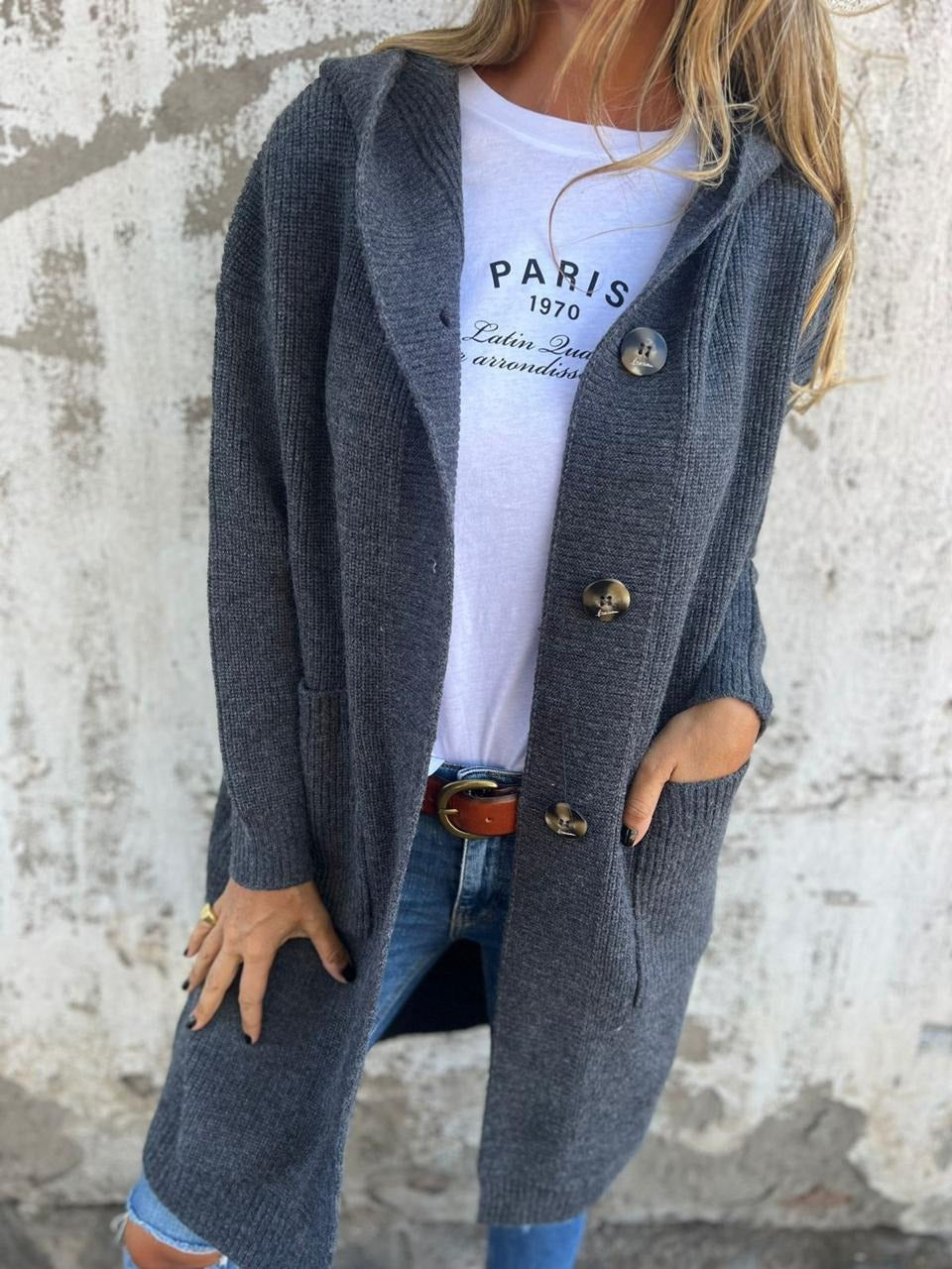 Ruby Longline Hooded Cardigan with Pockets and Open Front - Gray