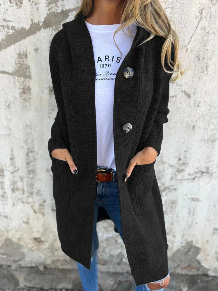 Ruby Longline Hooded Cardigan with Pockets and Open Front - Black