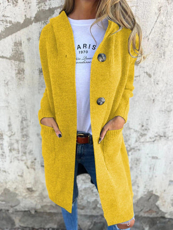 Ruby Longline Hooded Cardigan with Pockets and Open Front - Yellow