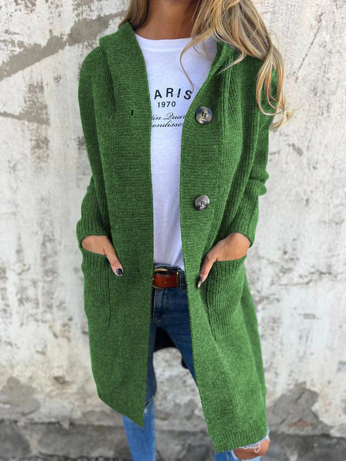 Ruby Longline Hooded Cardigan with Pockets and Open Front - Green