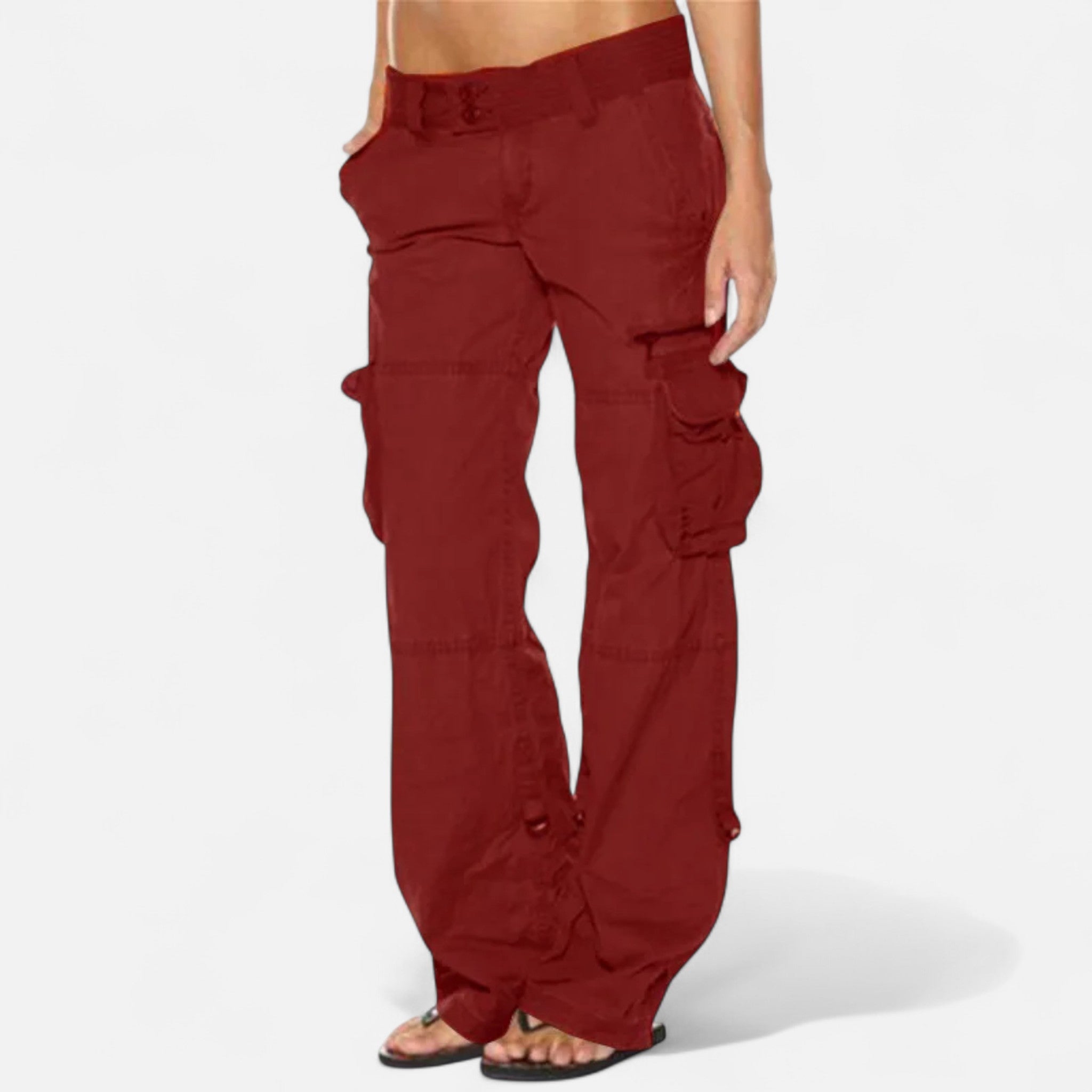 Sarah Cargo Trousers with Flat Leg Pockets and Tapered Hem - Burgundy