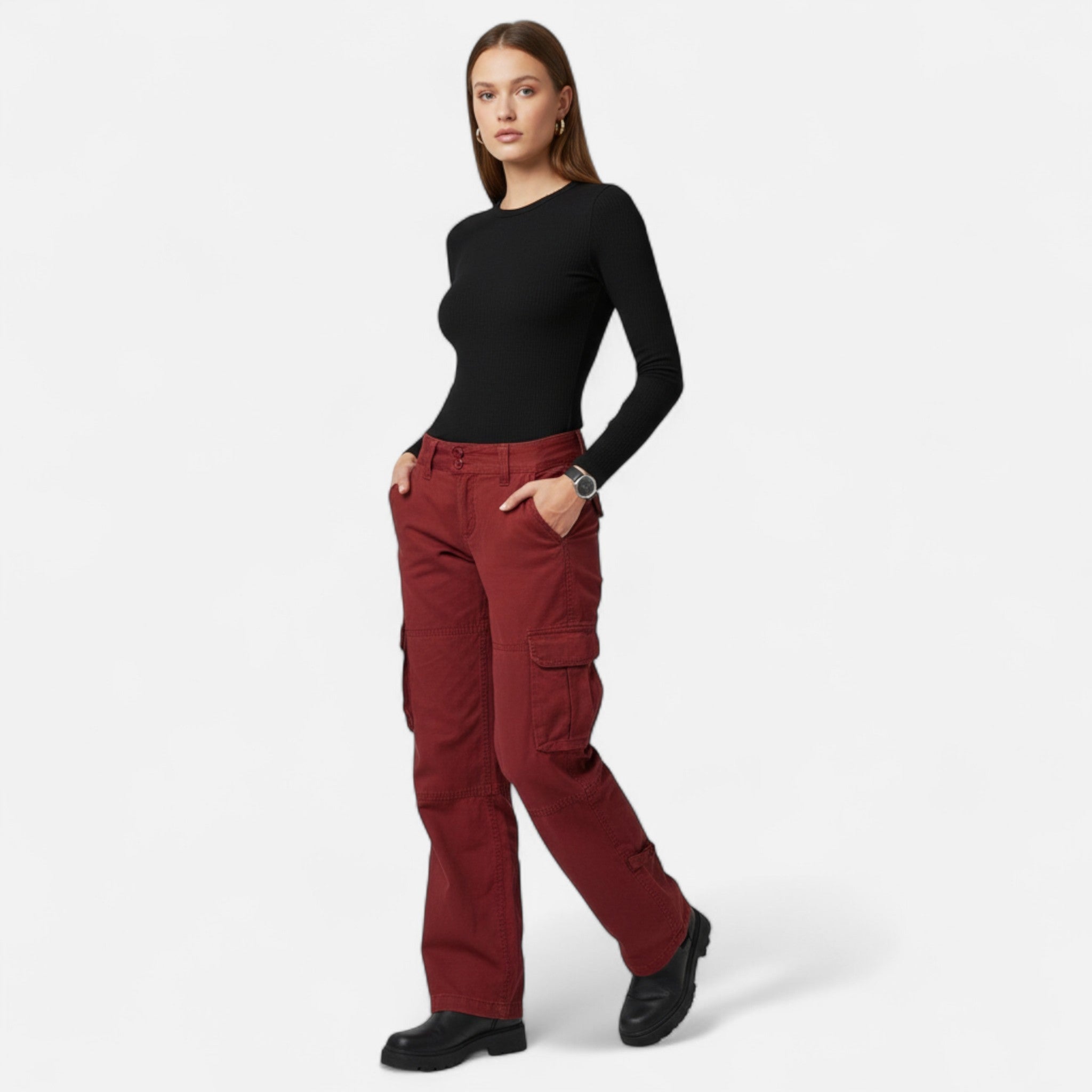 Sarah Cargo Trousers with Flat Leg Pockets and Tapered Hem - Burgundy