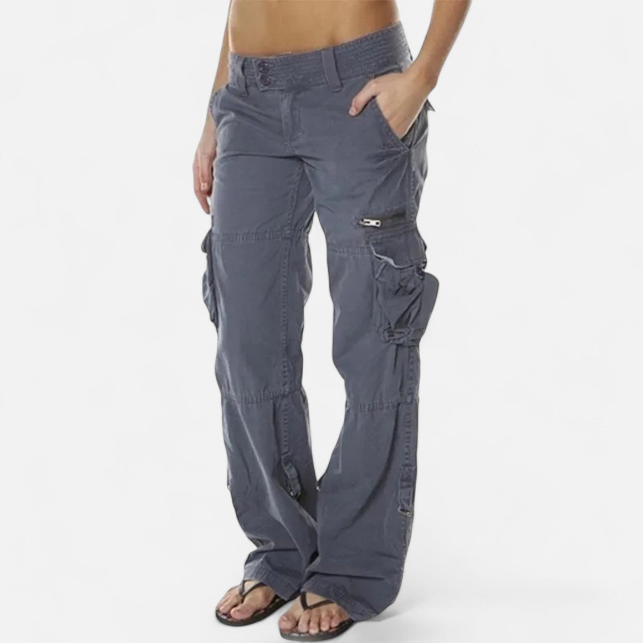 Sarah Cargo Trousers with Flat Leg Pockets and Tapered Hem - Gray
