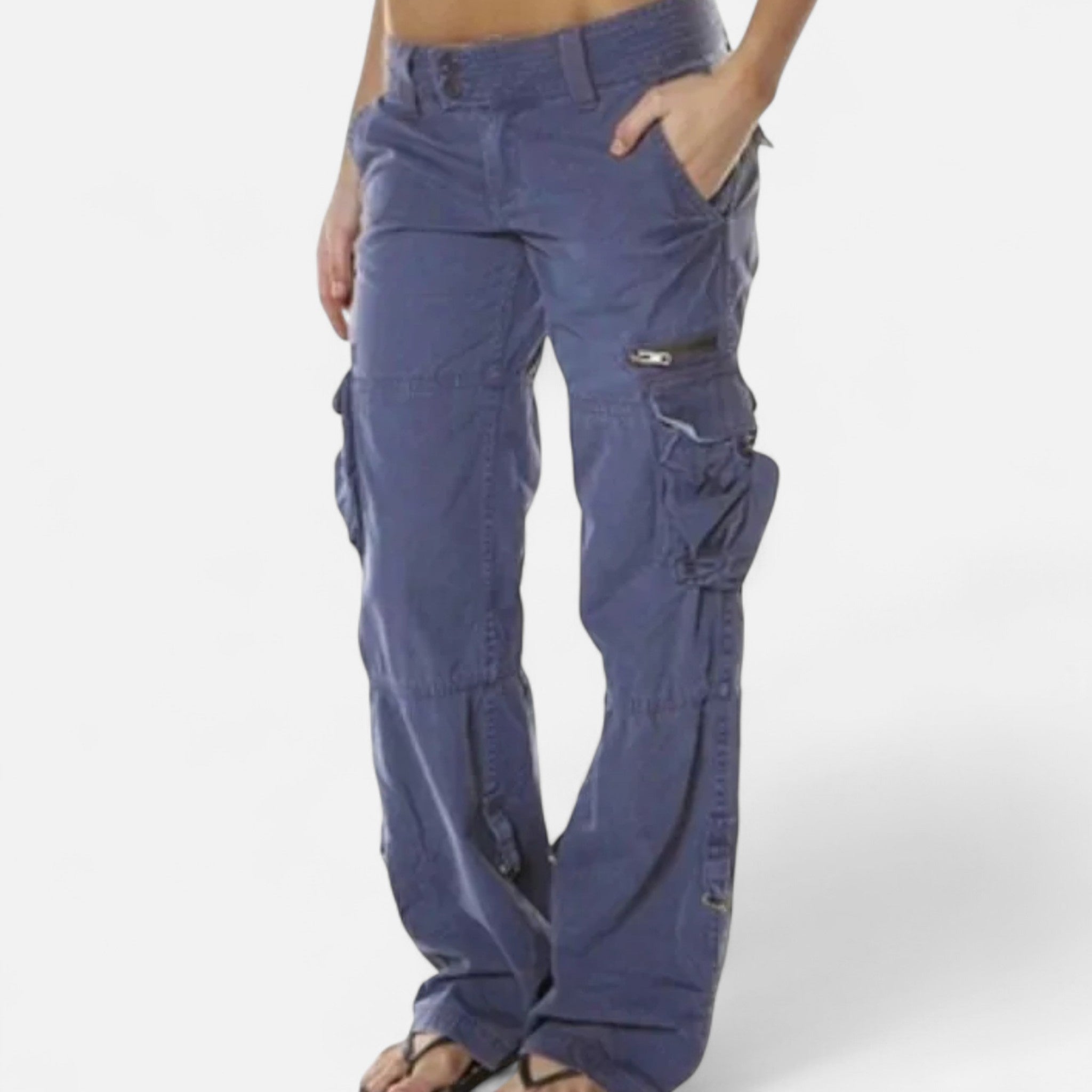 Sarah Cargo Trousers with Flat Leg Pockets and Tapered Hem - Navy